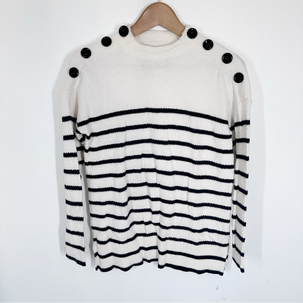 Loft Navy and Cream Stripes Sweater Small Button Shoulders